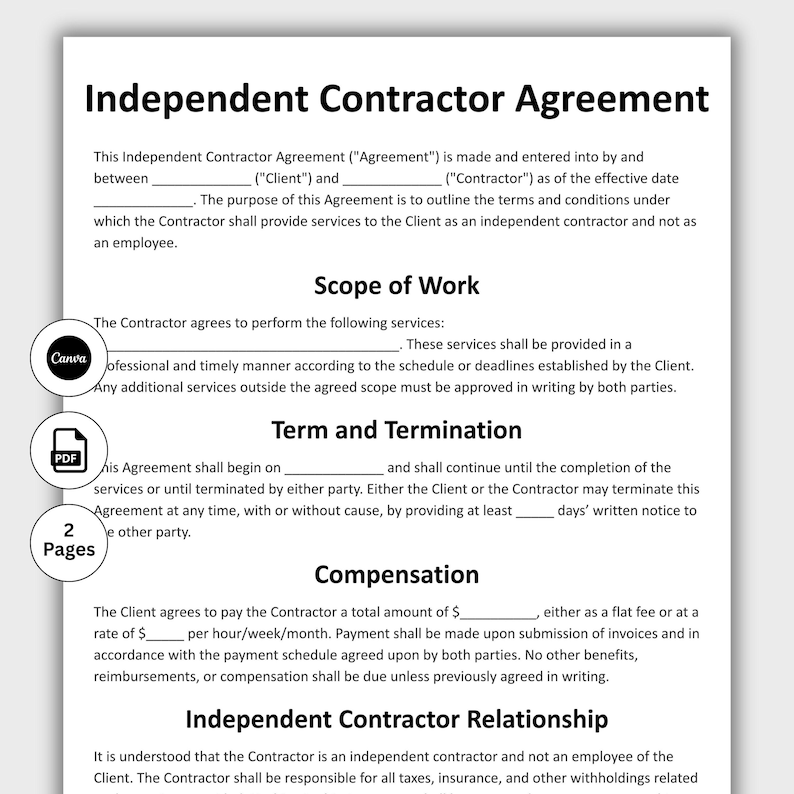 Pu&ograve; includere: Documento di accordo per appaltatore indipendente in bianco e nero. Il documento include sezioni per Ambito del lavoro, Termine e risoluzione e Compenso. Il documento &egrave; di due pagine ed &egrave; stato creato con Canva.