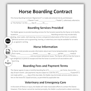 Puede incluir: Documento blanco titulado "Contrato de alojamiento de caballos" con secciones para servicios de alojamiento, información del caballo, tarifas de alojamiento y atención veterinaria. Incluye iconos de Canva y PDF, e indica "2 páginas".