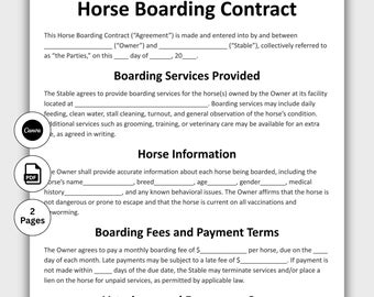 Contract voor pensions, aanpasbare formuliersjabloon voor pensionovereenkomst voor paarden, afdrukbare paardenbezorgservices, pdf-bestand voor paardensport