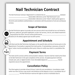 May include: A printed Nail Technician Contract on white paper. The document includes sections for scope of services, appointment scheduling, payment terms, and cancellation policy. The Canva and PDF icons are visible.