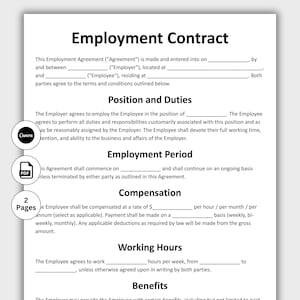 Employment Agreement, Customizable Employment Service Contract Template, Printable Employee Form, HR Employer, Job Agreement, Edit in Canva