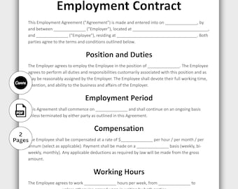Employment Agreement, Customizable Employment Service Contract Template, Printable Employee Form, HR Employer, Job Agreement, Edit in Canva