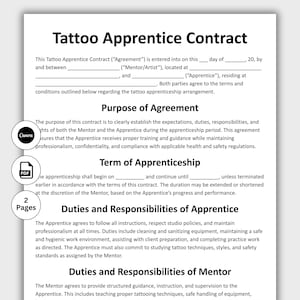 Op de afbeelding: Een Tattoo Apprentice Contract sjabloon met de titel "Tattoo Apprentice Contract". Het document beschrijft de voorwaarden van het leerlingschap, de taken en verantwoordelijkheden voor zowel de leerling als de mentor. Inclusief Canva- en PDF-pictogrammen.