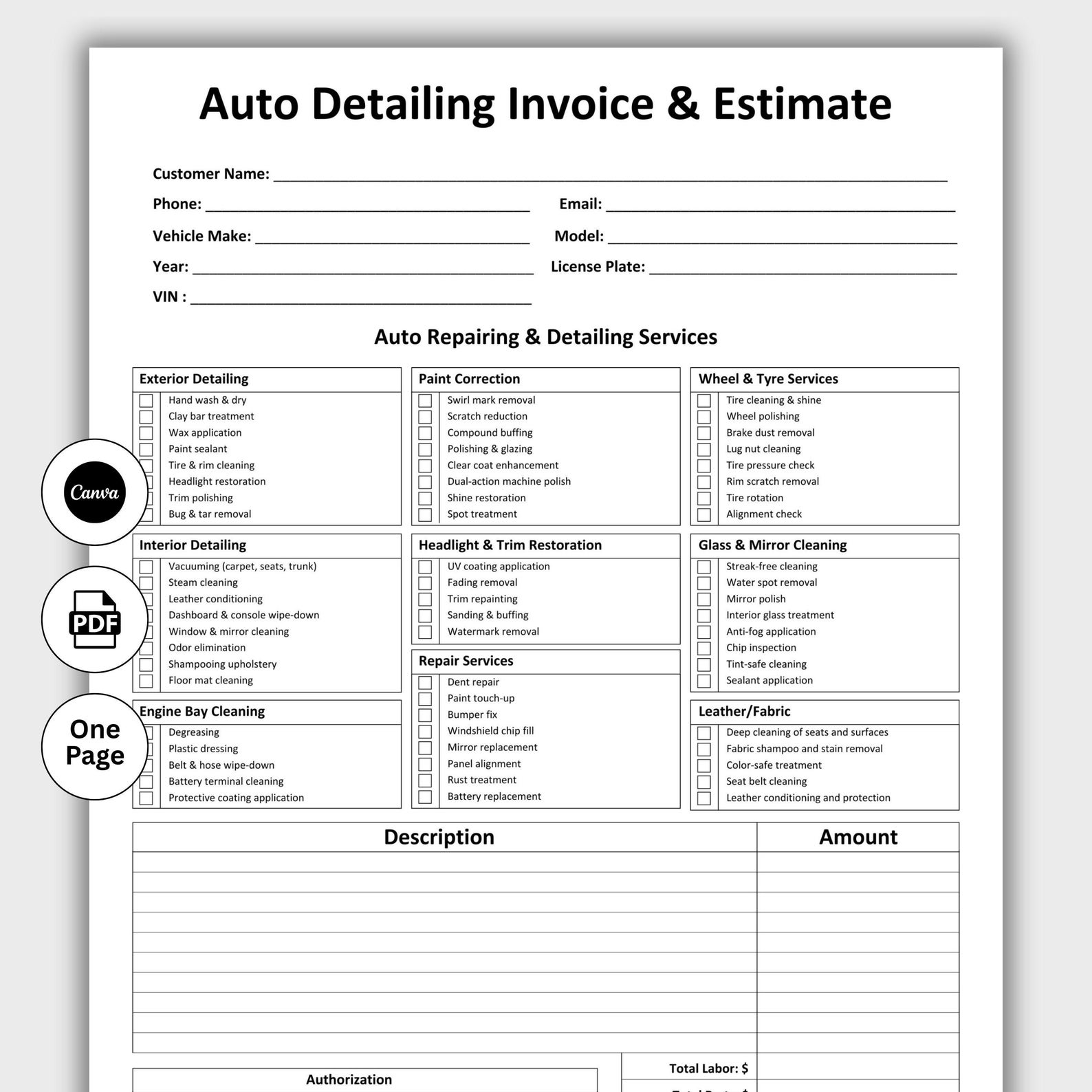 Auto Detailing Invoice & Estimate Template, Customizable Auto Detailing ...