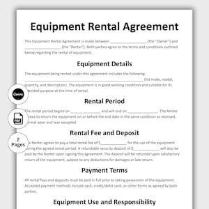 Equipment Rental Agreement, Customizable Lease Equipment Template, Printable Professional Form, Event Equipment Contract PDF, Edit in Canva