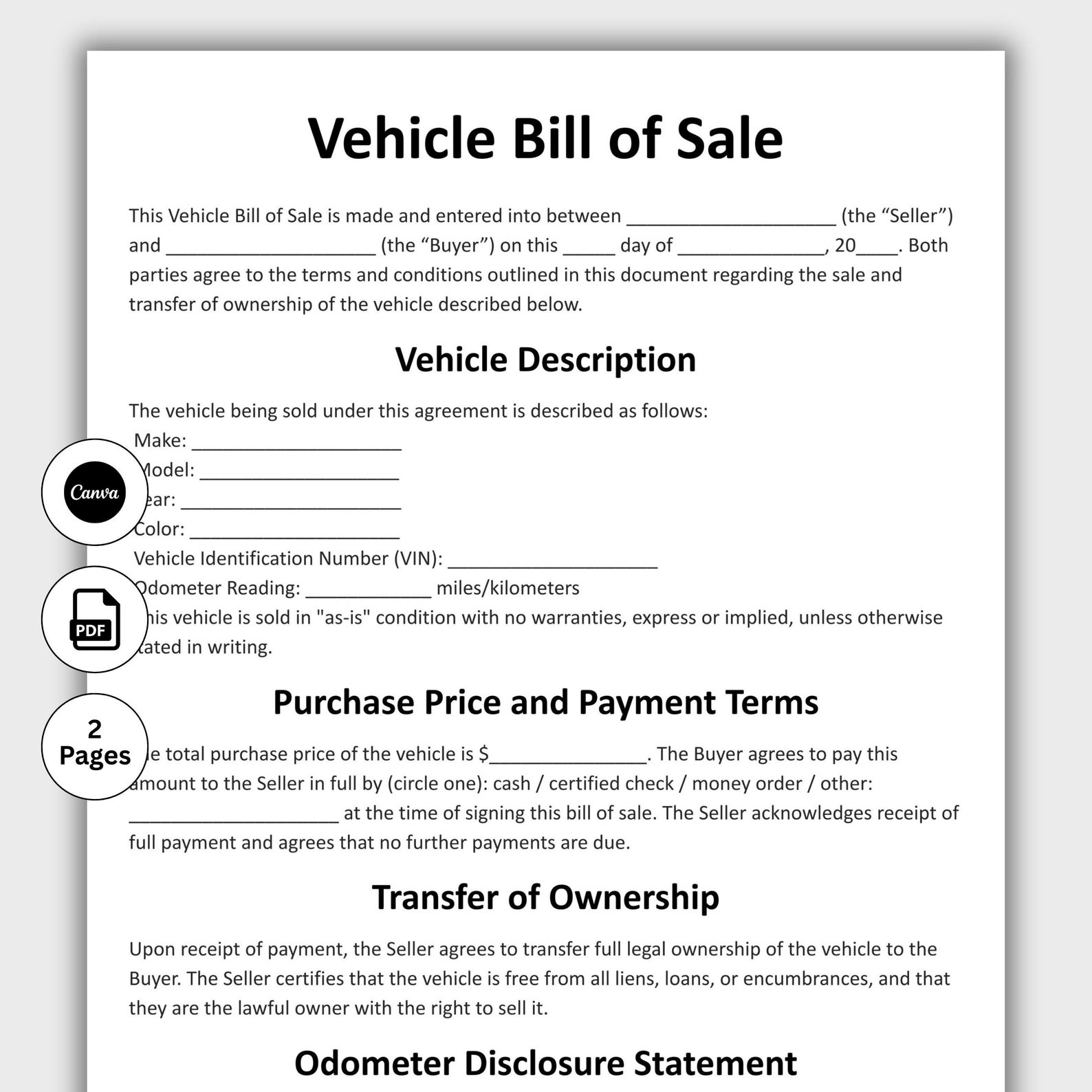 Vehicle Bill of Sale, Customizable Motor Vehicle Sale Contract Form