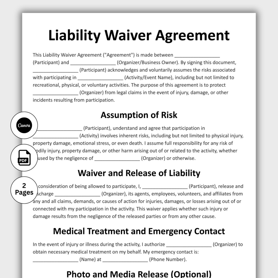 Liability Waiver Agreement, Customizable Release of Liability Form ...