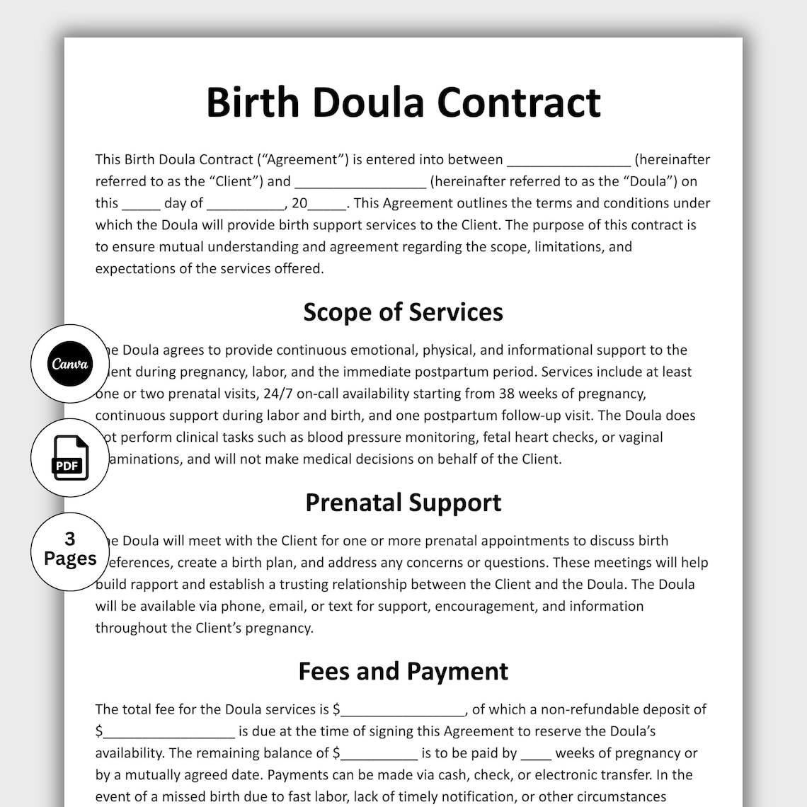 Birth Doula Contract, Customizable Labor Support Contract Form Template