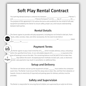 以下が含まれることがあります： ソフトプレイレンタル契約のテンプレート。レンタル詳細、支払い条件、セットアップ、配送、安全に関するセクションがあります。借主と所有者の情報、イベントの詳細を入力するフィールドが含まれています。 CanvaとPDFのロゴが表示されています。