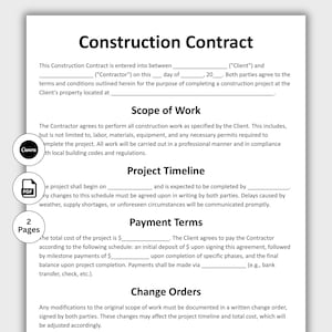 Op de afbeelding: Een zwart-wit bouwcontractdocument met de titel "Construction Contract". Het bevat secties voor de scope of work, projecttijdlijn, betalingsvoorwaarden en wijzigingsopdrachten. Pictogrammen voor Canva, PDF en 2 pagina's zijn ook zichtbaar.