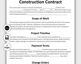 Construction Contract, Customizable Construction Agreement Form Template, Printable Construction work contract Basic & General, Canva