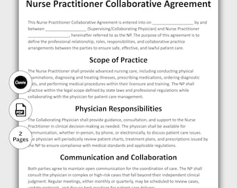 Nurse Practitioner Collaborative Agreement, Customizable Nurse Practitioner Collaboration Contract Template, Printable Healthcare Form