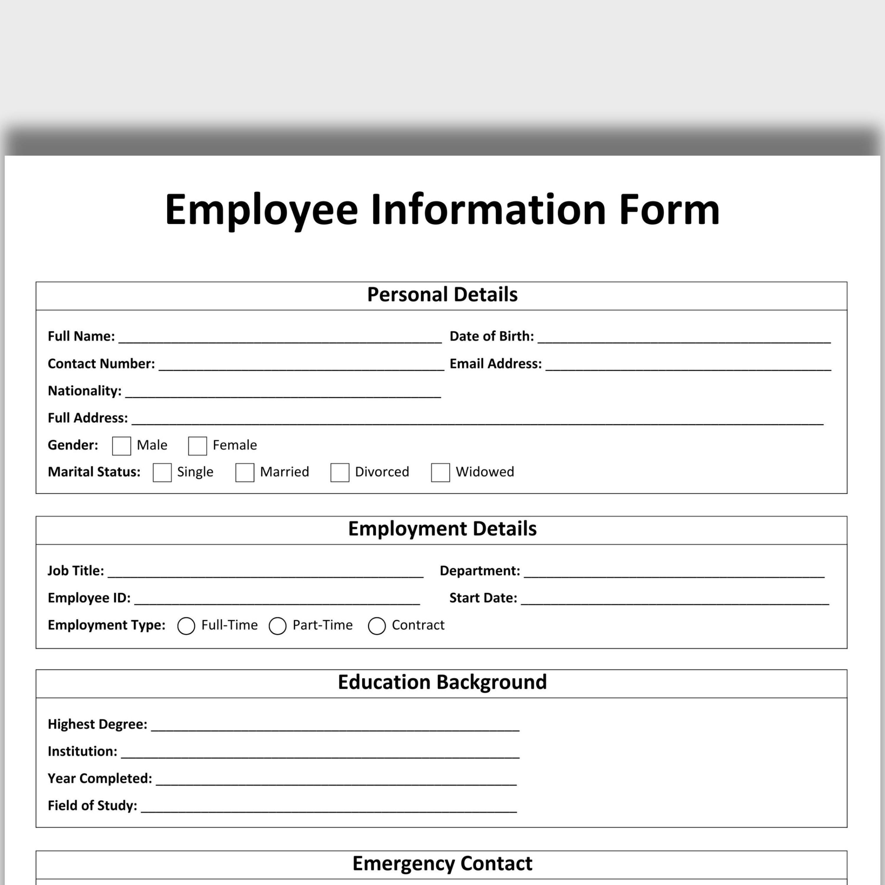 Employee Information Form Template, Customizable HR Templates Employee ...