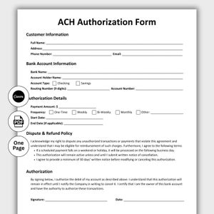 ACH Authorization Form, Customizable Debit Authorization Form, ACH Payment Template, ach consent, Instant Digital Download