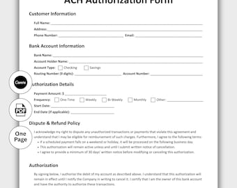 ACH Authorization Form, Customizable Debit Authorization Form, ACH Payment Template, ach consent, Instant Digital Download