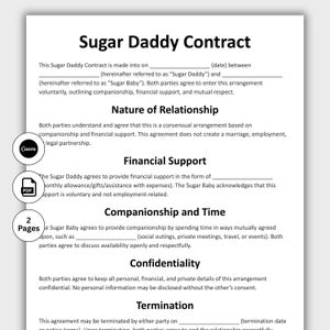 Puede incluir: Un documento blanco titulado "Sugar Daddy Contract" con texto que describe los términos del acuerdo. Incluye secciones sobre la naturaleza de la relación, el apoyo financiero, el compañerismo, la confidencialidad y la terminación. Con iconos de Canva y PDF.
