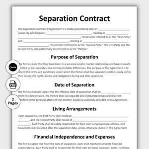 May include: A white document titled "Separation Contract" with fillable fields. The document includes sections for agreement details, purpose of separation, date of separation, living arrangements, and financial independence. Includes Canva and PDF icons.