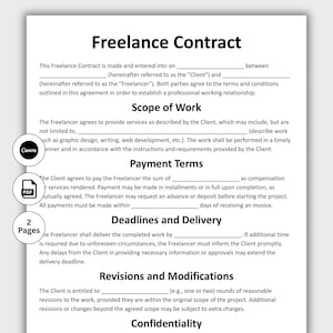 May include: A white freelance contract template with the title "Freelance Contract" in bold black text. The document includes sections for scope of work, payment terms, deadlines, and revisions. Icons for Canva and PDF are visible.