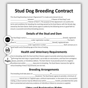 May include: A printed Stud Dog Breeding Contract on white paper. The document details terms and conditions for breeding, including health requirements, breeding arrangements, and litter registration rights. The contract is for dog owners.