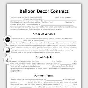 Può includere: Un documento bianco di Contratto di Decorazione con Palloncini con testo che include "Ambito dei Servizi" e "Dettagli dell'Evento". Il documento include campi per le informazioni del cliente e del decoratore, la data dell'evento e i termini di pagamento.