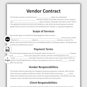 Vendor Contract, Customizable Catering Vendor Form, Printable Event Vendor, Truck, Sales Contract, Event Agreement, Instant Download