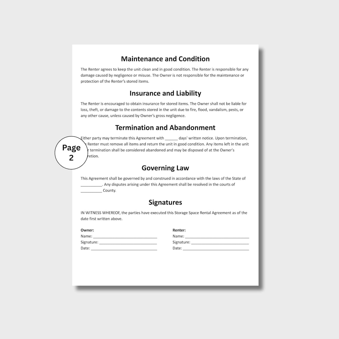 Storage Space Rental Agreement, Customizable Contractor Storage Form