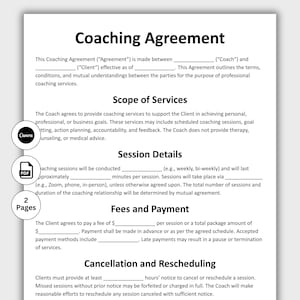 Op de afbeelding: Een Coaching Agreement documentsjabloon met secties voor reikwijdte van diensten, sessiedetails, vergoedingen en annuleringsbeleid. Bevat Canva- en PDF-pictogrammen en geeft aan dat het document twee pagina's lang is.