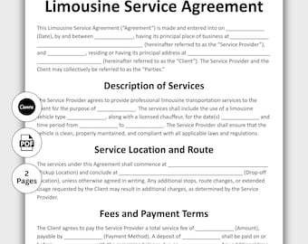 Limousine Service Agreement, Customizable Chauffeur Bookings, Printable Event Transportation Private Vehicle Hire Instant Digital Download