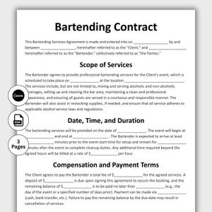 May include: A bartending contract template with the title "Bartending Contract" at the top. The document includes sections for scope of services, date, time, duration, and compensation. The Canva and PDF logos are visible.