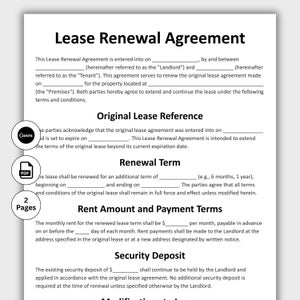 Lease Renewal Agreement, Customizable Lease Extension Contract Form Template, Landlord Rental Apartment Residential Lease, Editable in Canva