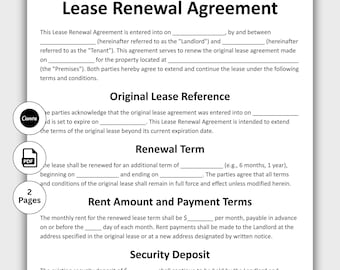 Lease Renewal Agreement, Customizable Lease Extension Contract Form Template, Landlord Rental Apartment Residential Lease, Editable in Canva