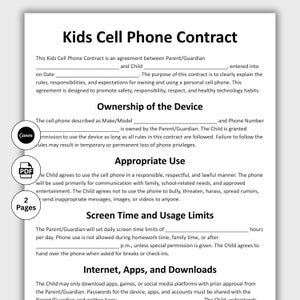 Puede incluir: Documento blanco titulado "Contrato de teléfono móvil para niños" con secciones sobre propiedad, uso adecuado, tiempo de pantalla y descargas. Incluye iconos de Canva, PDF y "2 páginas".