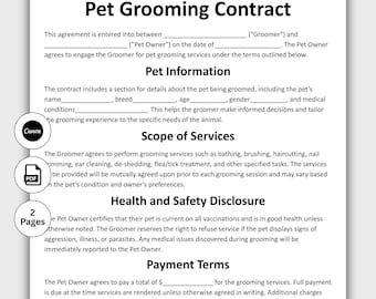 Pet Grooming Contract, Customizable Dog Cat Grooming Form Template, Printable Pet Salon Agreement, Editable in Canva, Instant Download