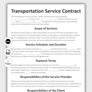 Op de afbeelding: Een Transport Service Contract document met de titel bovenaan. Het document bevat secties voor Scope of Services, Service Schedule and Duration, Payment Terms en Responsibilities. Het document heeft een Canva- en PDF-logo.