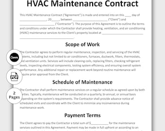 Contrato de Manutenção de HVAC, Modelo de Contrato de Serviço de Aquecimento e Refrigeração Personalizável, Contrato de Ar Condicionado para Impressão, Download Instantâneo