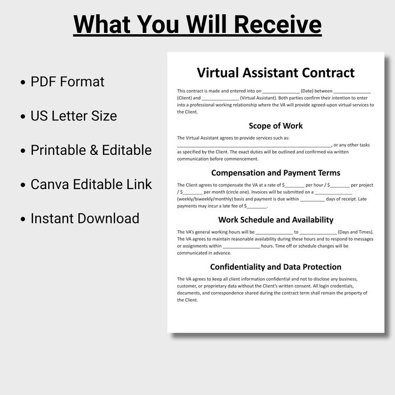 Virtual Assistant Contract, Customizable Freelance Assistant Agreement ...