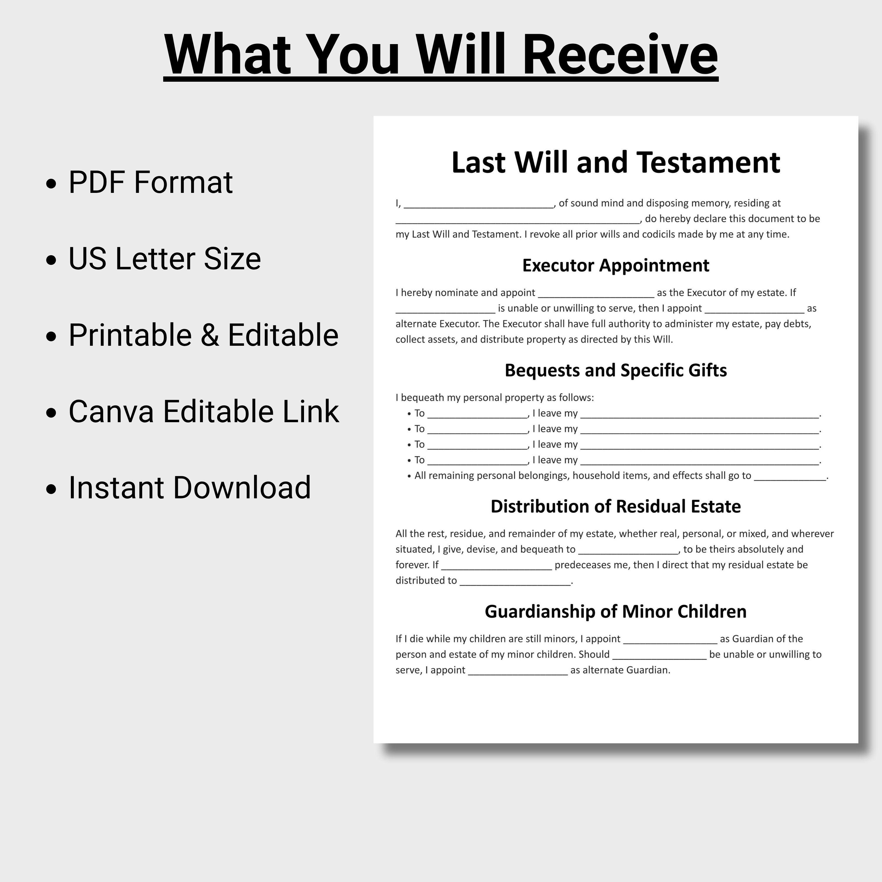 Last Will and Testament, Customizable Testament Form Template ...