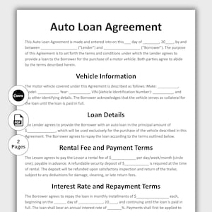 May include: A white document titled "Auto Loan Agreement" with sections for vehicle information, loan details, and payment terms. The document includes fields for the lender, borrower, and vehicle details. Icons for Canva, PDF, and "2 Pages" are visible.