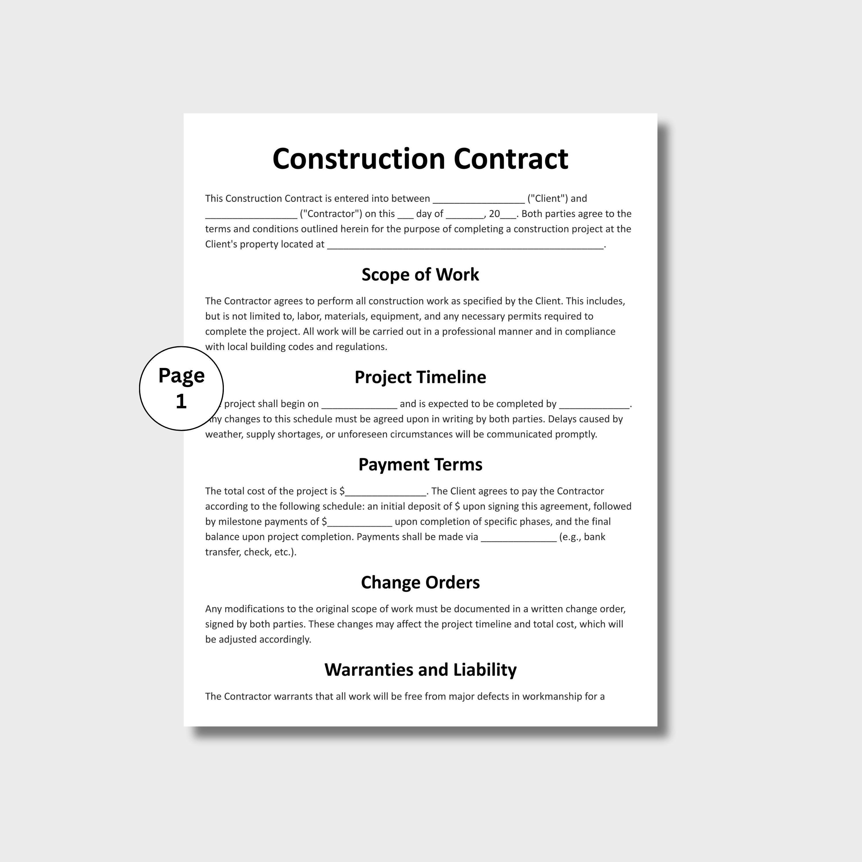 Construction Contract, Customizable Construction Agreement Form ...