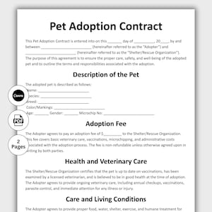 May include: A Pet Adoption Contract template, detailing pet description, adoption fees, health care, and living conditions. The document includes fields for adopter and shelter details, and is two pages long. The Canva and PDF icons are visible.