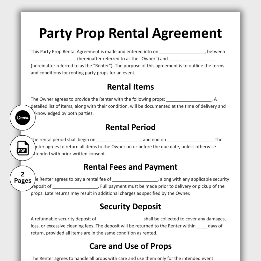 Tyson Prop Rent Form.pdf Party Prop Rental Agreement, Customizable Event Decor Contract Form ...