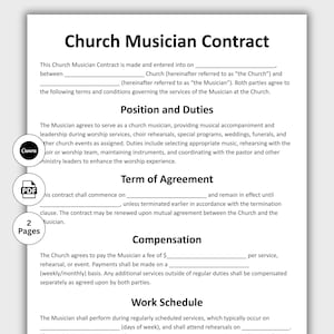 May include: A white document titled "Church Musician Contract" with sections for position, duties, term of agreement, compensation, and work schedule. Includes Canva and PDF icons, and indicates "2 Pages".