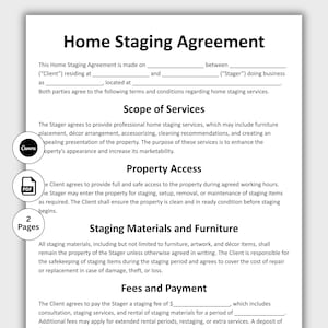 Könnte beinhalten: Ein Home Staging Agreement-Dokument mit Überschriften wie Leistungsumfang, Objektzugang und Gebühren und Zahlung. Das Dokument enthält Text und ist in einem einfachen, übersichtlichen Layout gestaltet. Symbole für Canva, PDF und 2 Seiten sind sichtbar.