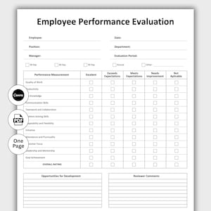 May include: A white employee performance evaluation form with the title "Employee Performance Evaluation" at the top. The form includes sections for employee information, evaluation period, and performance measurements with checkboxes for rating.