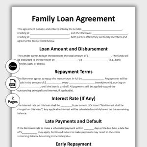 Family Loan Agreement, Customizable Family Loan Contract Form Template, Printable Family Debt Contract, Edit in Canva, Instant Download