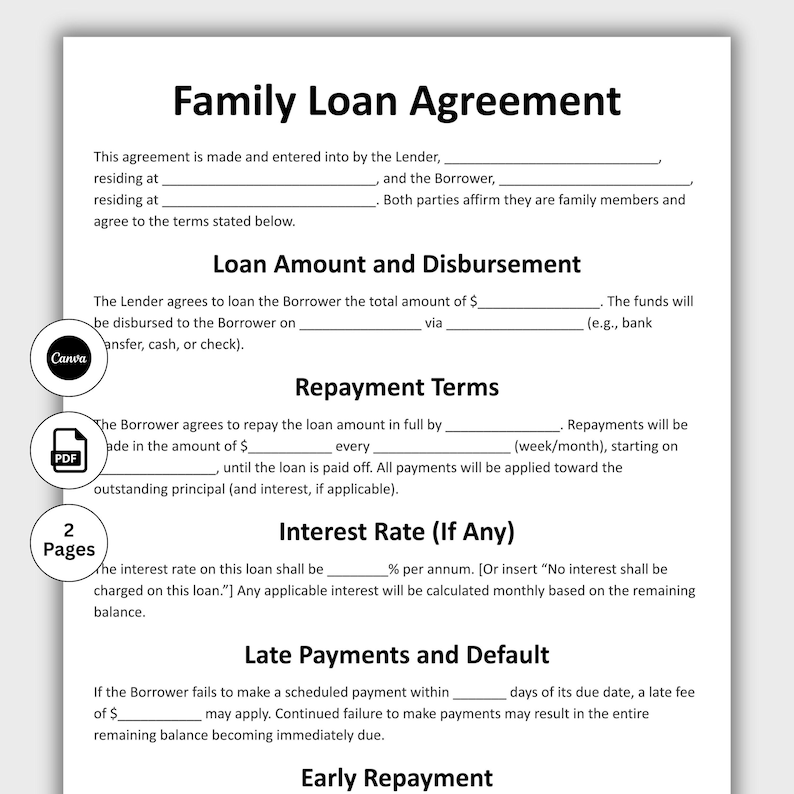 Pu&ograve; includere: Un modello di Accordo di Prestito Familiare su carta bianca. Il documento include sezioni per l'importo del prestito, i termini di rimborso, il tasso di interesse e i pagamenti in ritardo. Il documento ha un logo Canva e PDF.