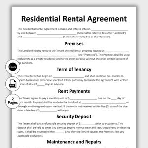 Residential Rental Agreement, Customizable Rental Lease Contract Form Template, Printable Month-to-Month Residential Housing Agreement