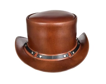 Handcrafted Brown Leather Top Hat – Steampunk Gothic Cosplay