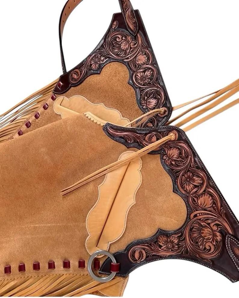 Hand-tooled Leather Rodeo Chaps | Custom Western Chaps | Fringe Bull ...