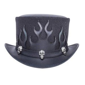 Men’s Gothic Steampunk Top Hat – Flames & Skull Accents – Leather Festival Hat for Cosplay, Burning Man, Alt Fashion